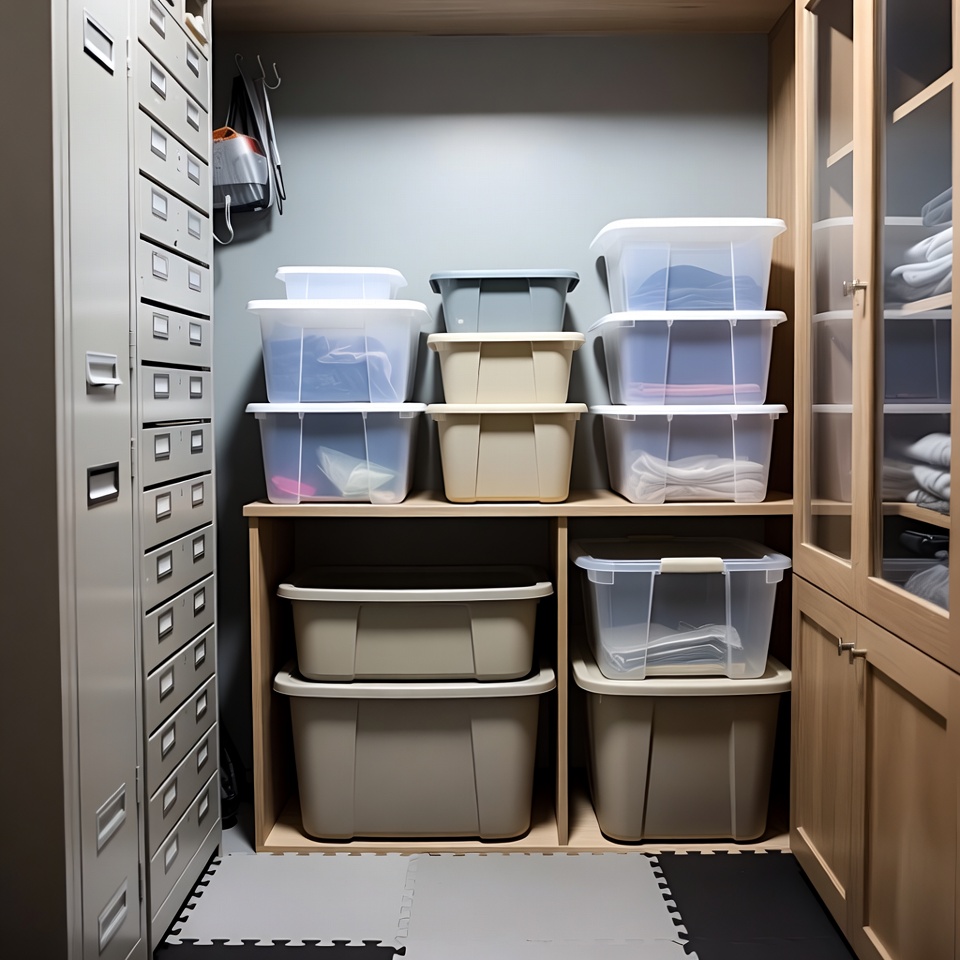 Bedroom closet organizer with hanging space and fabric drawers